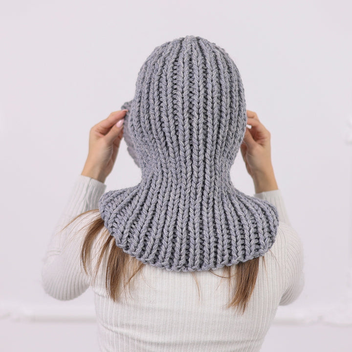 Gray Itchy Wool  Chunky Knit Balaclava with Eye Opening – Full Coverage Hooded Ski Hat T2087