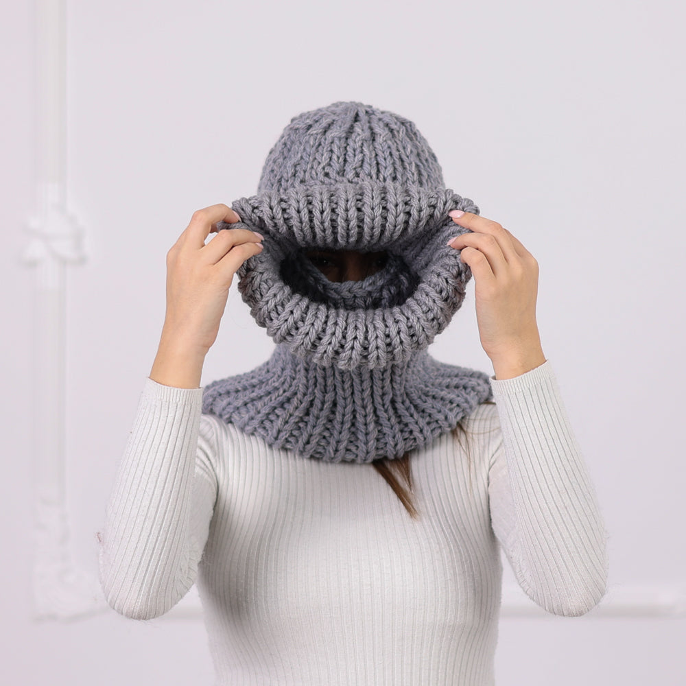 Gray Itchy Wool  Chunky Knit Balaclava with Eye Opening – Full Coverage Hooded Ski Hat T2087