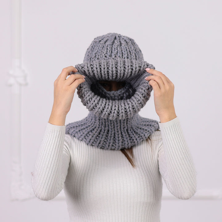 Gray Itchy Wool  Chunky Knit Balaclava with Eye Opening – Full Coverage Hooded Ski Hat T2087