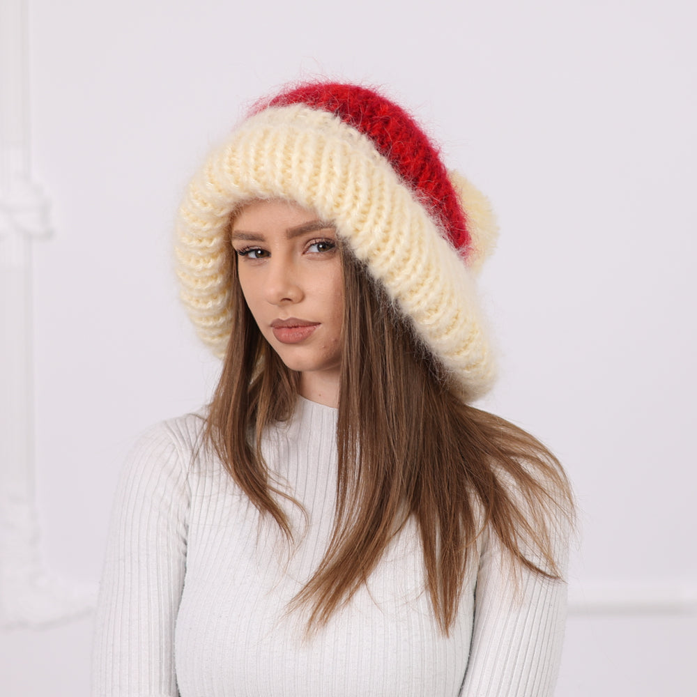 Red and Cream Chunky Mohair Beanie with Pom Pom, Hand Knitted Winter Hat T2090