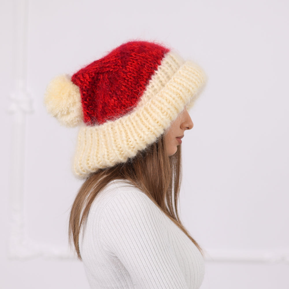 Red and Cream Chunky Mohair Beanie with Pom Pom, Hand Knitted Winter Hat T2090