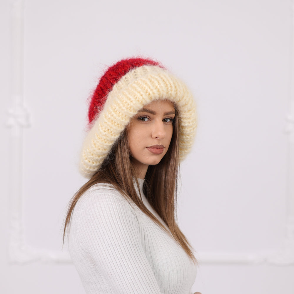 Red and Cream Chunky Mohair Beanie with Pom Pom, Hand Knitted Winter Hat T2090