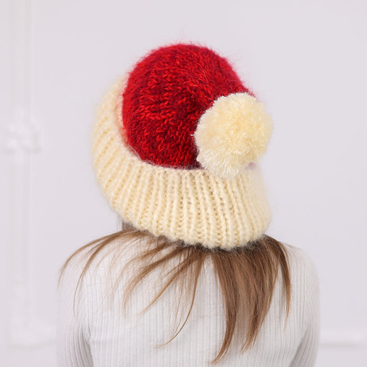 Red and Cream Chunky Mohair Beanie with Pom Pom, Hand Knitted Winter Hat T2090