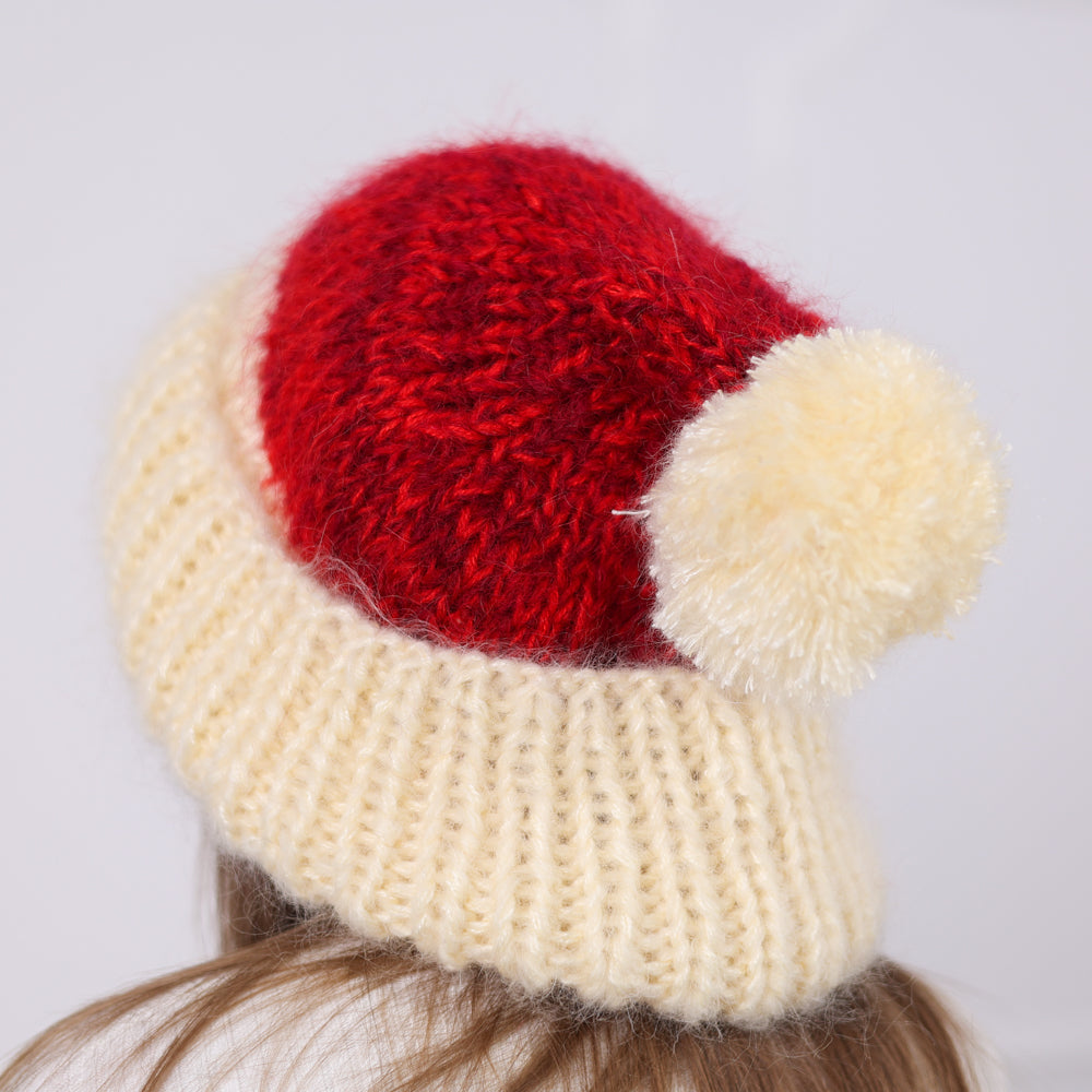 Red and Cream Chunky Mohair Beanie with Pom Pom, Hand Knitted Winter Hat T2090