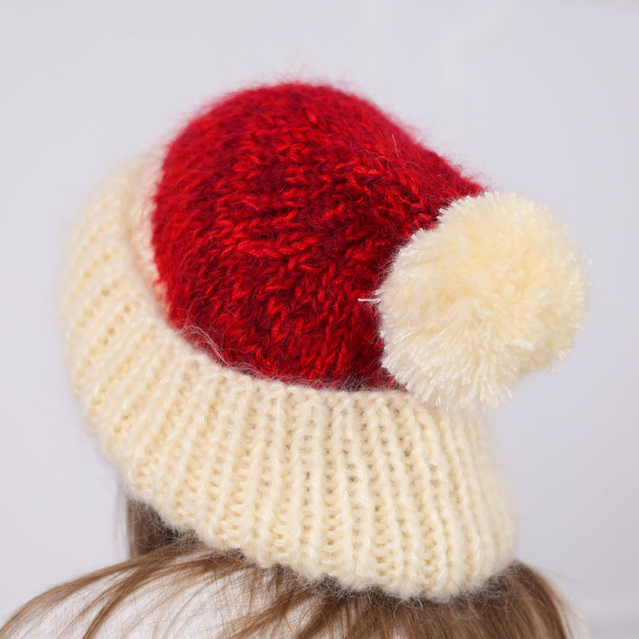 Red and Cream Chunky Mohair Beanie with Pom Pom, Hand Knitted Winter Hat T2090