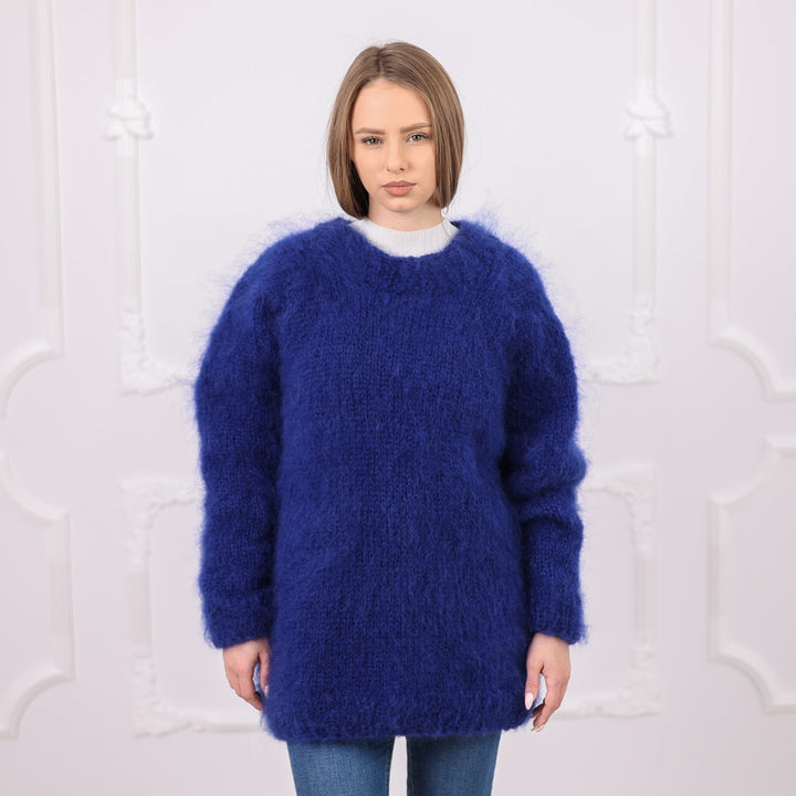 One available in size 2XL, Blue French Kid Mohair Crewneck Sweater, Brushed Hairy T2083
