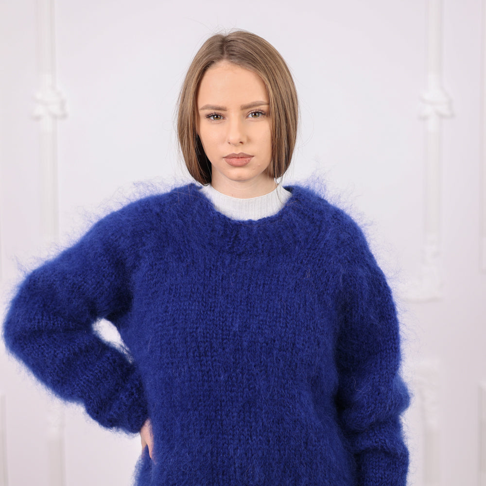 One available in size 2XL, Blue French Kid Mohair Crewneck Sweater, Brushed Hairy T2083