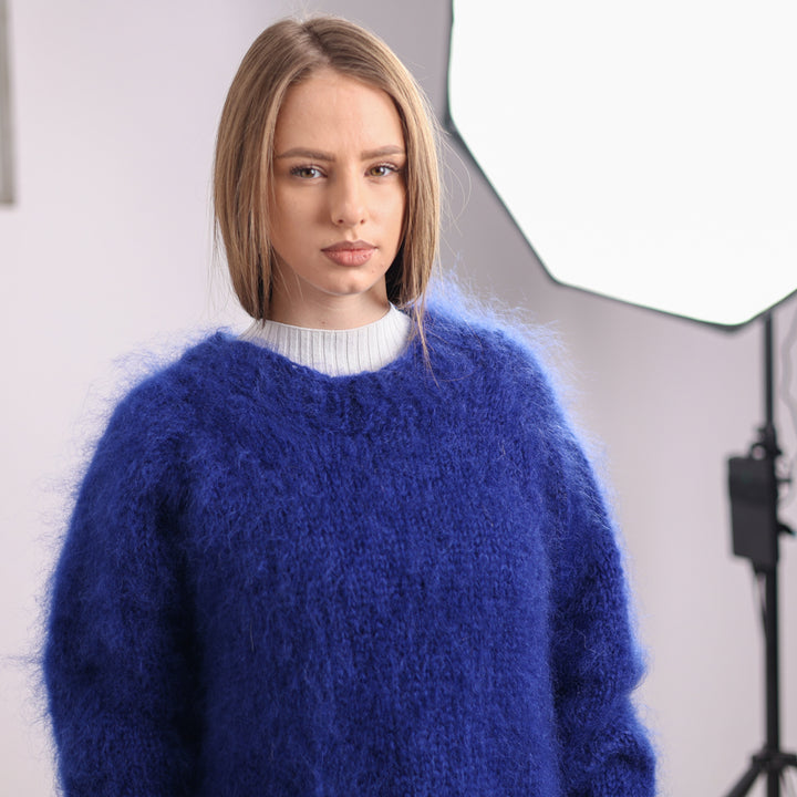One available in size 2XL, Blue French Kid Mohair Crewneck Sweater, Brushed Hairy T2083