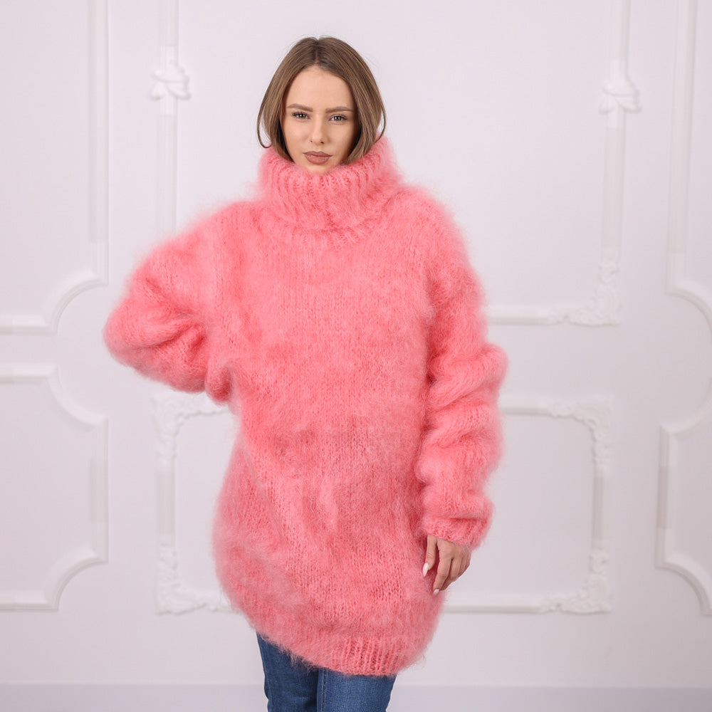 Pink French Kid Mohair Turtleneck Sweater, Brushed Hairy Knit, Extra Soft Crew Fit T2084