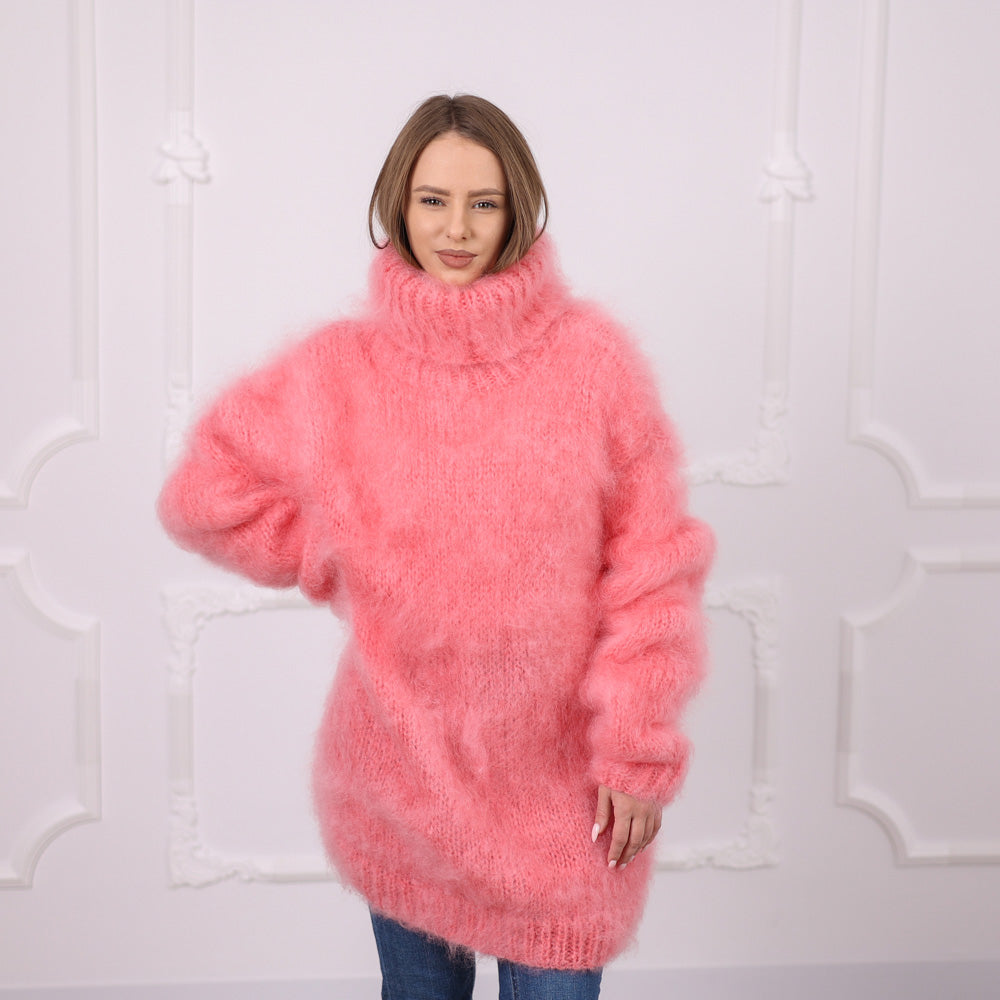 Pink French Kid Mohair Turtleneck Sweater, Brushed Hairy Knit, Extra Soft Crew Fit T2084