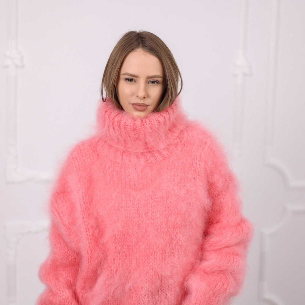 Pink French Kid Mohair Turtleneck Sweater, Brushed Hairy Knit, Extra Soft Crew Fit T2084