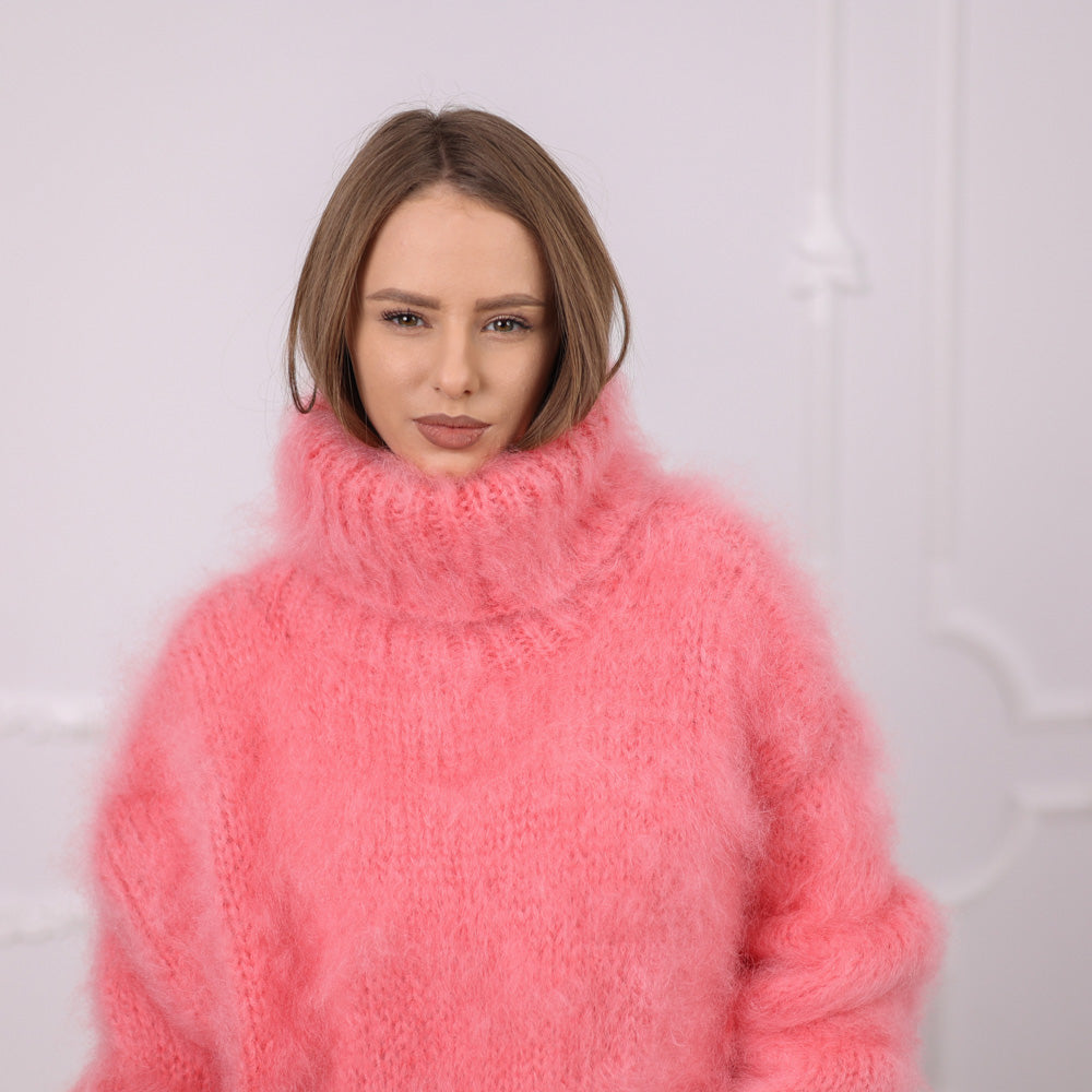 Pink French Kid Mohair Turtleneck Sweater, Brushed Hairy Knit, Extra Soft Crew Fit T2084