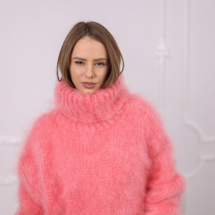 Pink French Kid Mohair Turtleneck Sweater, Brushed Hairy Knit, Extra Soft Crew Fit T2084