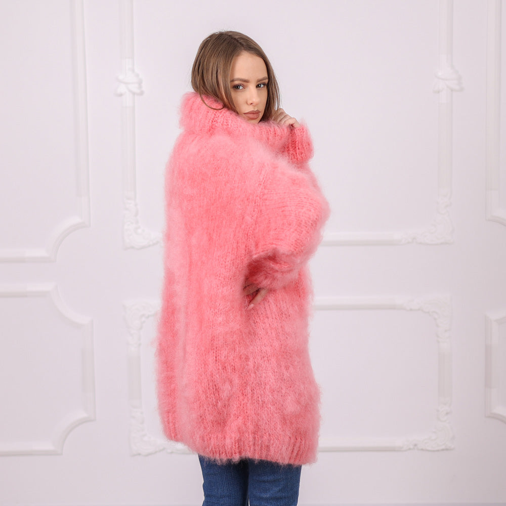 Pink French Kid Mohair Turtleneck Sweater, Brushed Hairy Knit, Extra Soft Crew Fit T2084