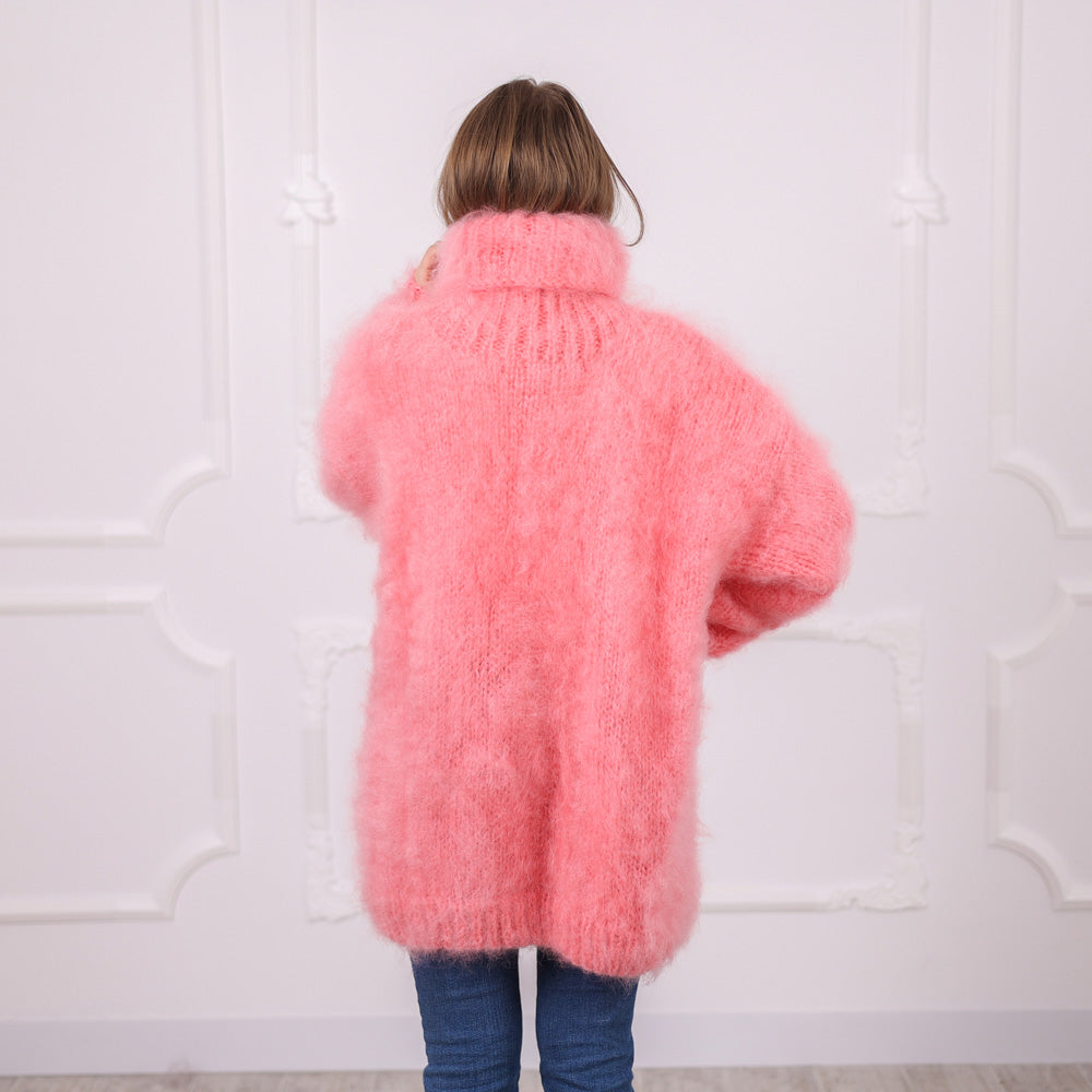 Pink French Kid Mohair Turtleneck Sweater, Brushed Hairy Knit, Extra Soft Crew Fit T2084