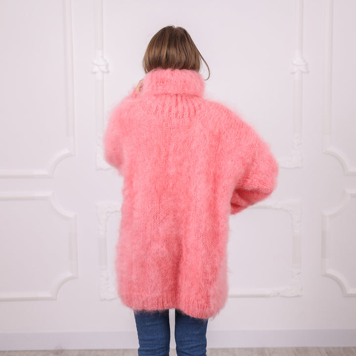 Pink French Kid Mohair Turtleneck Sweater, Brushed Hairy Knit, Extra Soft Crew Fit T2084
