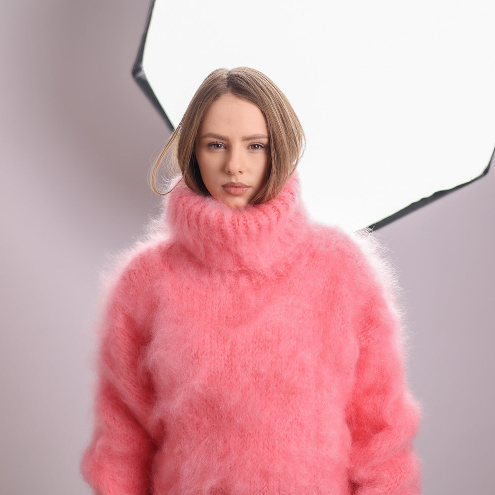 Pink French Kid Mohair Turtleneck Sweater, Brushed Hairy Knit, Extra Soft Crew Fit T2084