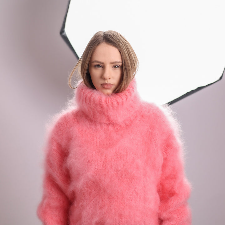 Pink French Kid Mohair Turtleneck Sweater, Brushed Hairy Knit, Extra Soft Crew Fit T2084