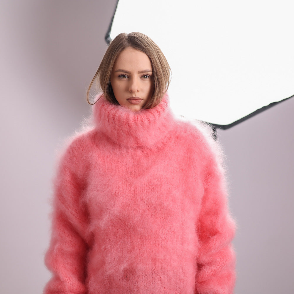 Pink French Kid Mohair Turtleneck Sweater, Brushed Hairy Knit, Extra Soft Crew Fit T2084