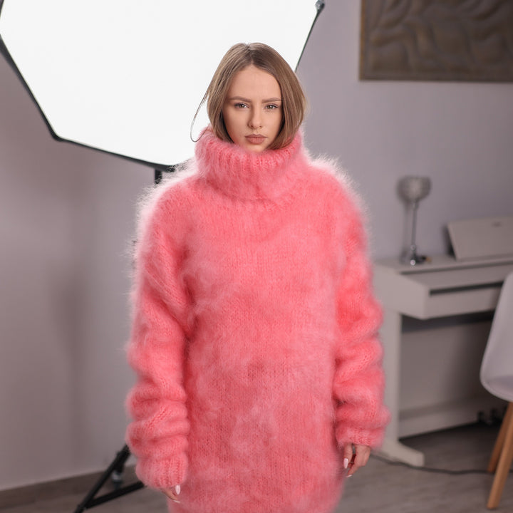 Pink French Kid Mohair Turtleneck Sweater, Brushed Hairy Knit, Extra Soft Crew Fit T2084