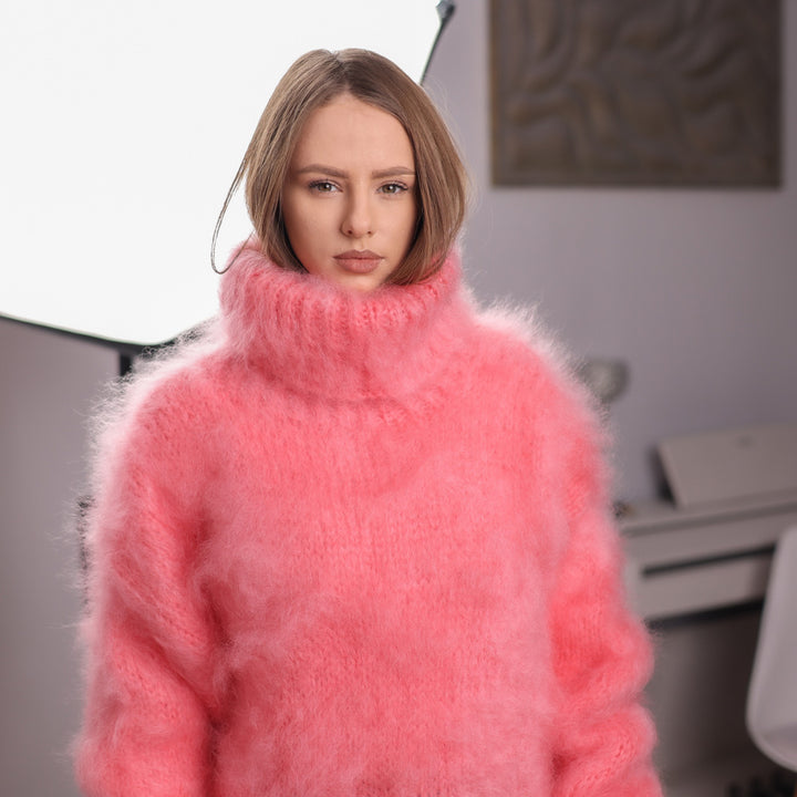Pink French Kid Mohair Turtleneck Sweater, Brushed Hairy Knit, Extra Soft Crew Fit T2084