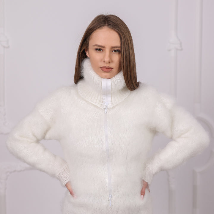 White Brushed Mohair Turtleneck Bodysuit with Zip, Hairy Knit One Piece T2085