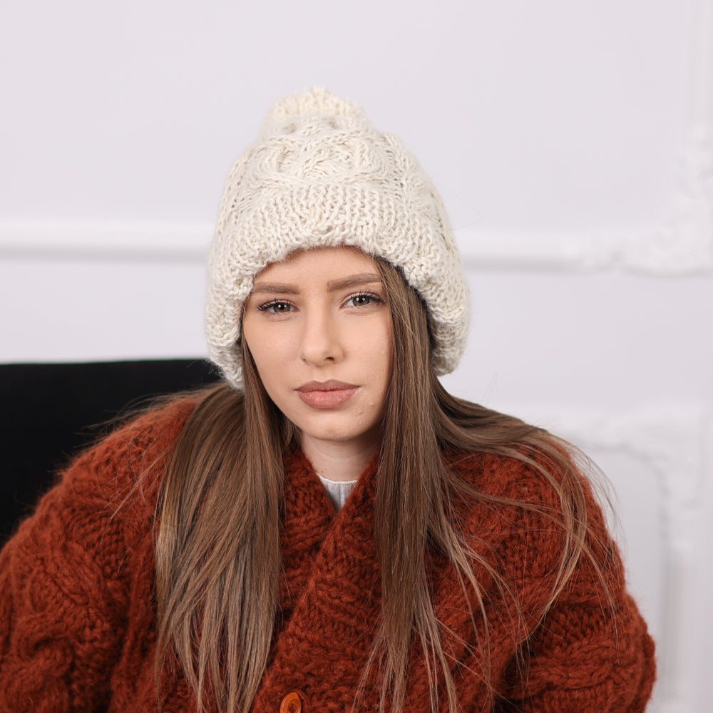 Chunky Cream Alpaca Knit Hat with Pom Pom, Cable Pattern Winter Beanie T2088