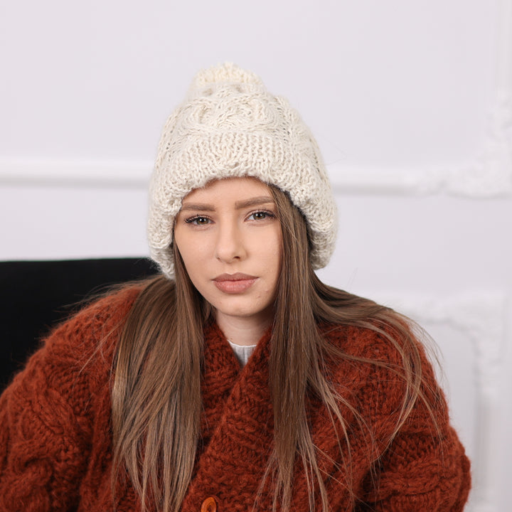 Chunky Cream Alpaca Knit Hat with Pom Pom, Cable Pattern Winter Beanie T2088