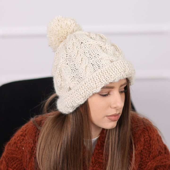 Chunky Cream Alpaca Knit Hat with Pom Pom, Cable Pattern Winter Beanie T2088