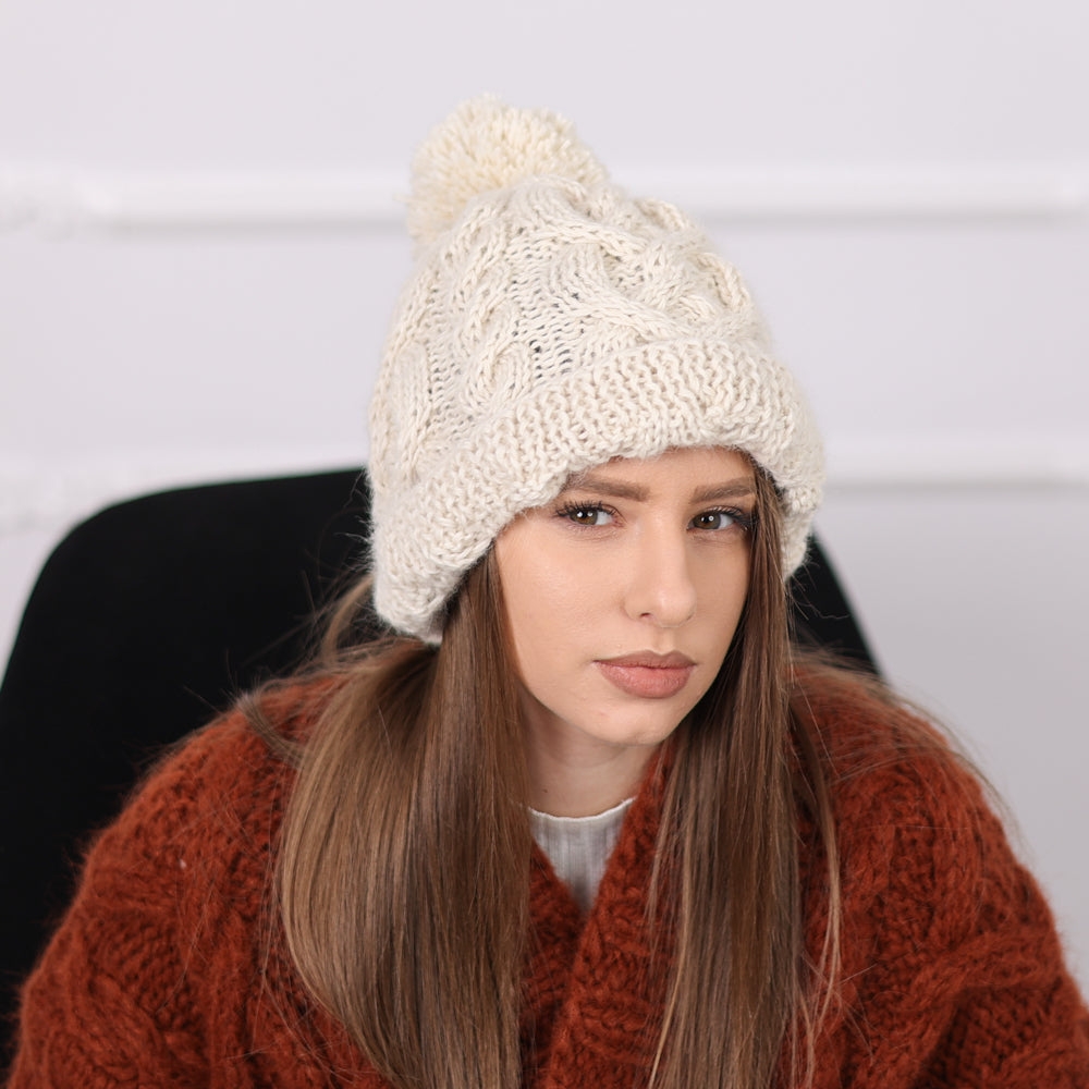 Chunky Cream Alpaca Knit Hat with Pom Pom, Cable Pattern Winter Beanie T2088