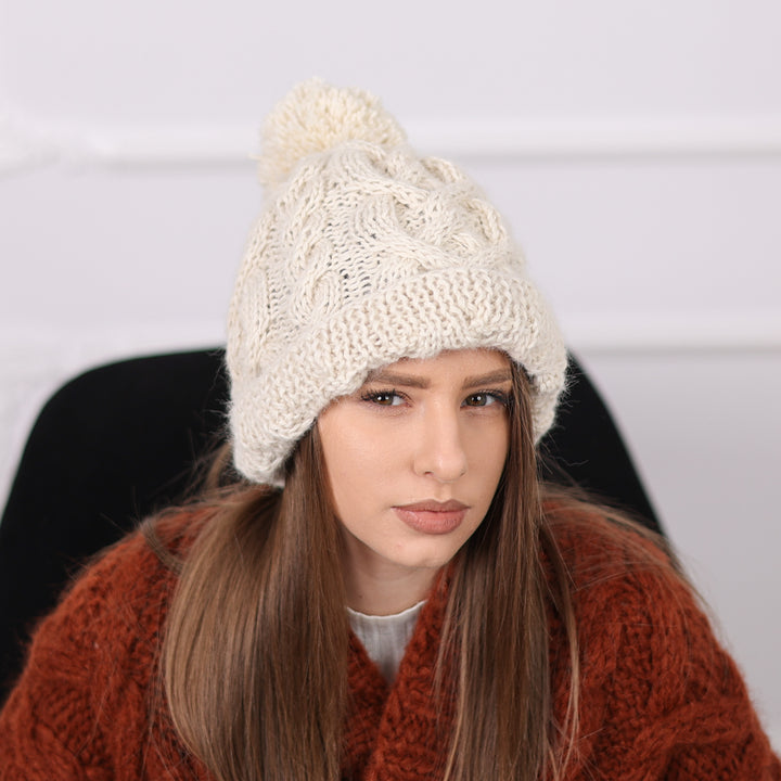 Chunky Cream Alpaca Knit Hat with Pom Pom, Cable Pattern Winter Beanie T2088