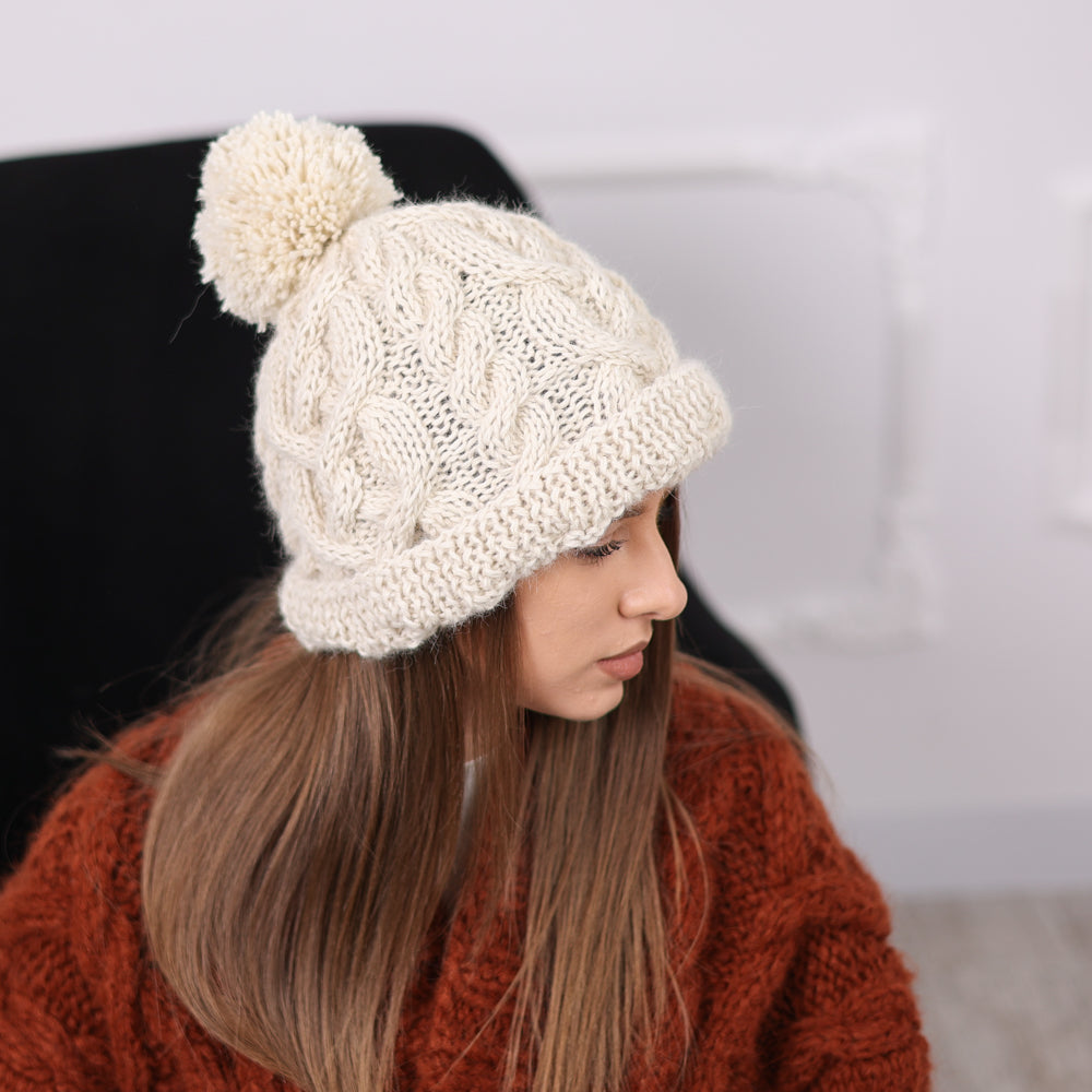 Tiffy Mohair Cream Peruvian Alpaca Cable Knit Hat T2088