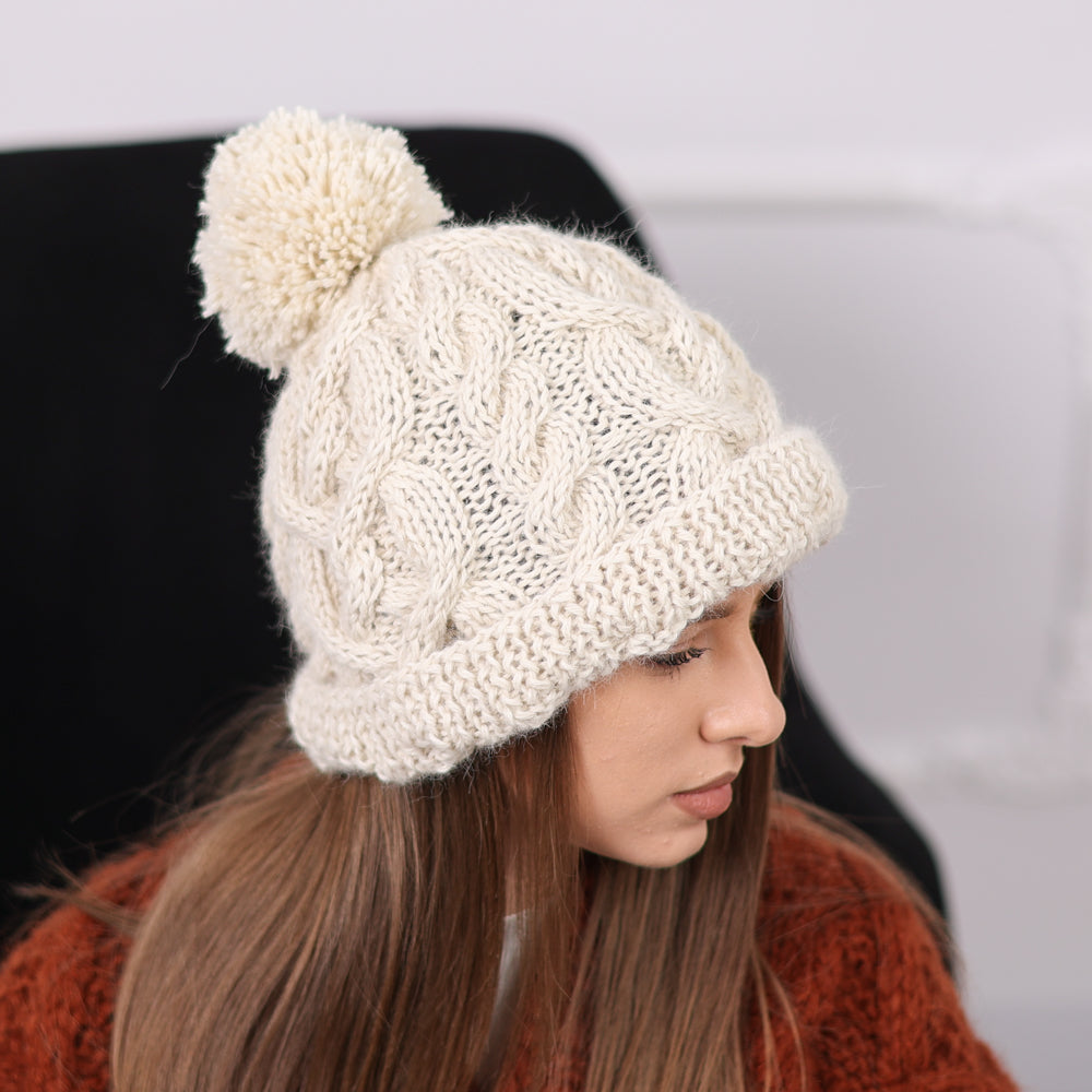 Chunky Cream Alpaca Knit Hat with Pom Pom, Cable Pattern Winter Beanie T2088