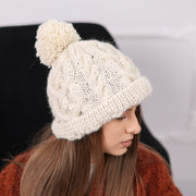 Große Creme Alpaka Strickmütze mit Bommel, Zopfmuster Wintermütze T2088