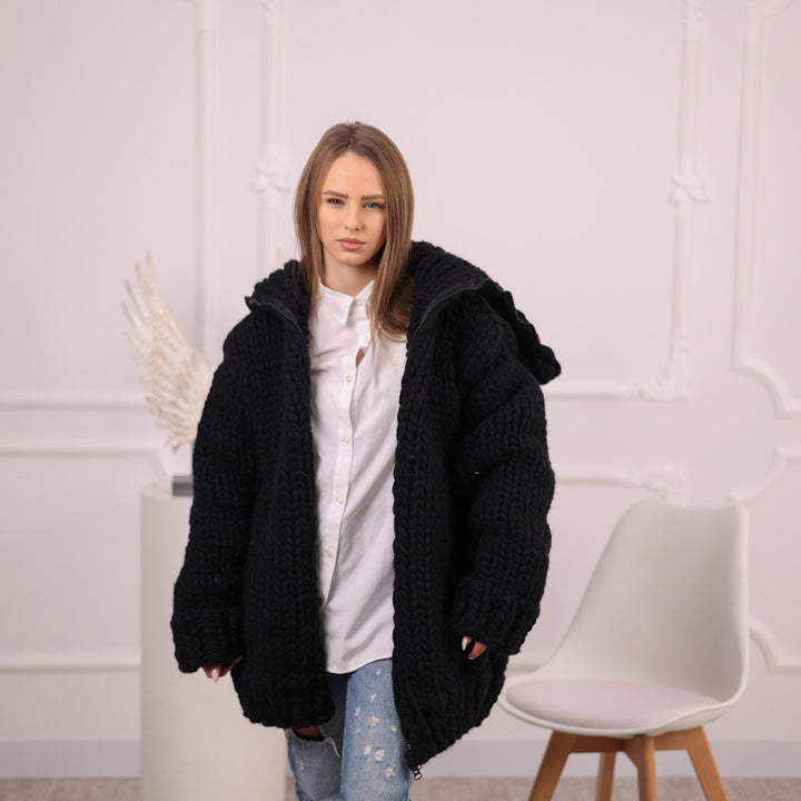 Extra Chunky Black Knit Cardigan with Hood, Zipper , 20-Strand Hand Knitted Oversized Jacket T2097