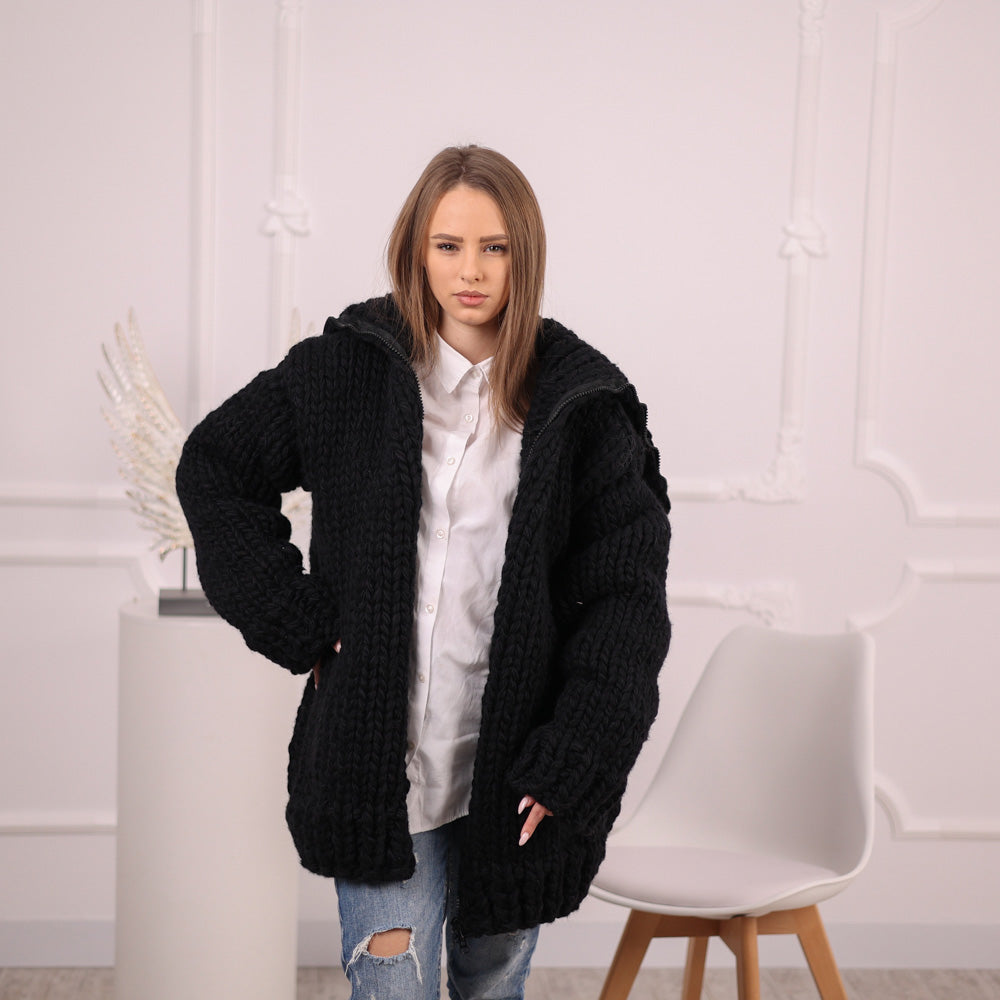 Extra Chunky Black Knit Cardigan with Hood, Zipper , 20-Strand Hand Knitted Oversized Jacket T2097