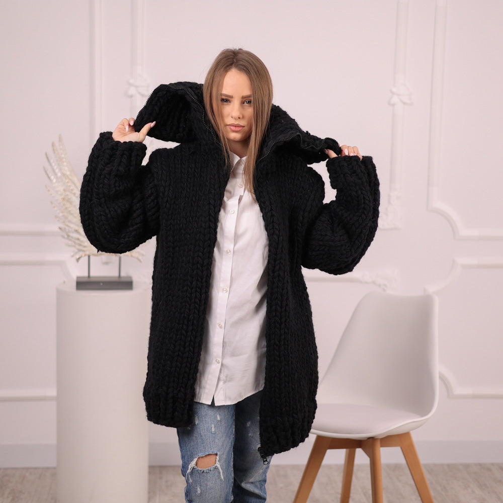 Extra Chunky Black Knit Cardigan with Hood, Zipper , 20-Strand Hand Knitted Oversized Jacket T2097