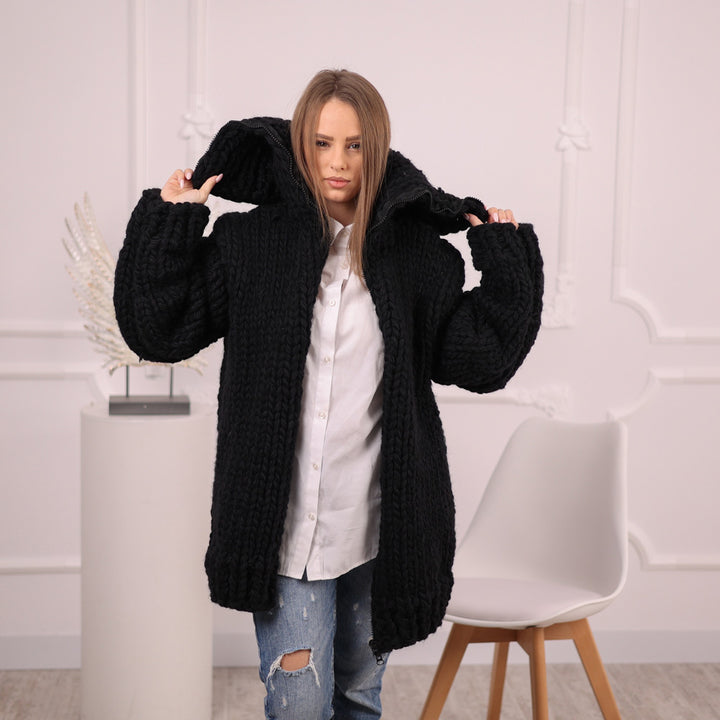 Extra Chunky Black Knit Cardigan with Hood, Zipper , 20-Strand Hand Knitted Oversized Jacket T2097
