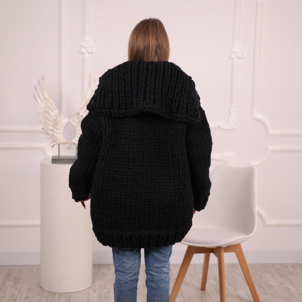 Extra Chunky Black Knit Cardigan with Hood, Zipper , 20-Strand Hand Knitted Oversized Jacket T2097