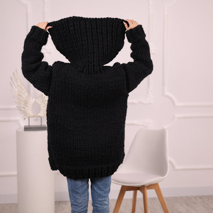 Extra Chunky Black Knit Cardigan with Hood, Zipper , 20-Strand Hand Knitted Oversized Jacket T2097
