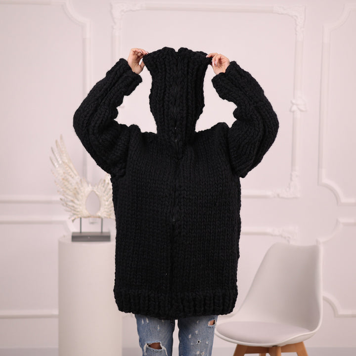 Extra Chunky Black Knit Cardigan with Hood, Zipper , 20-Strand Hand Knitted Oversized Jacket T2097