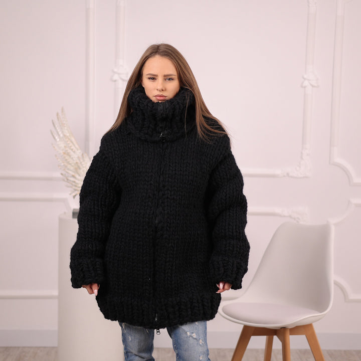 Extra Chunky Black Knit Cardigan with Hood, Zipper , 20-Strand Hand Knitted Oversized Jacket T2097