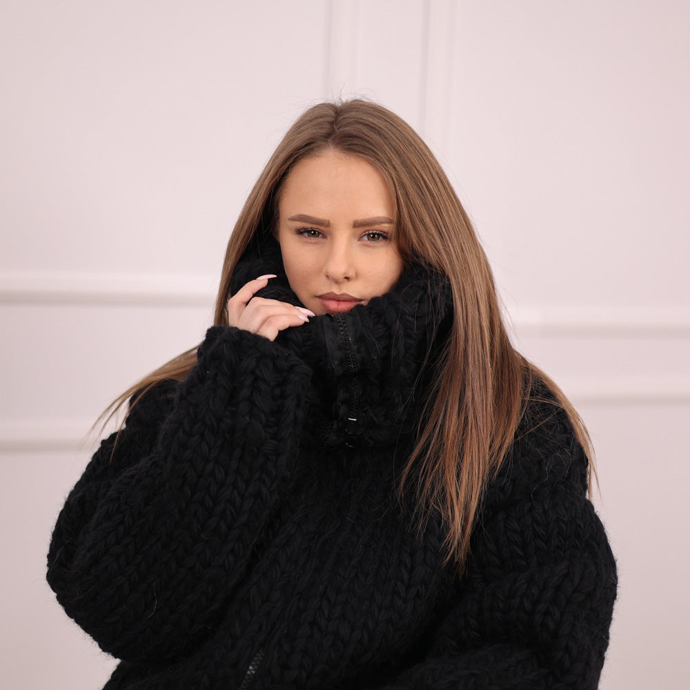 Extra Chunky Black Knit Cardigan with Hood, Zipper , 20-Strand Hand Knitted Oversized Jacket T2097
