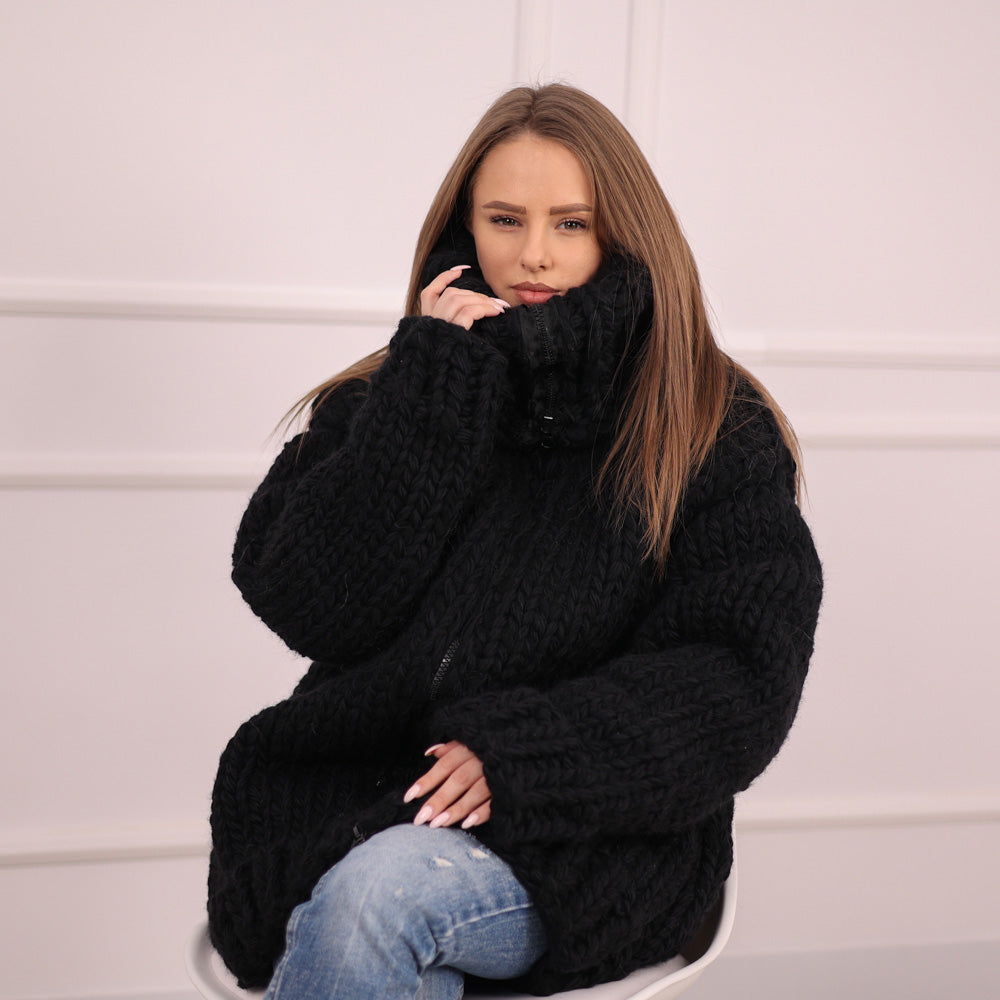Extra Chunky Black Knit Cardigan with Hood, Zipper , 20-Strand Hand Knitted Oversized Jacket T2097