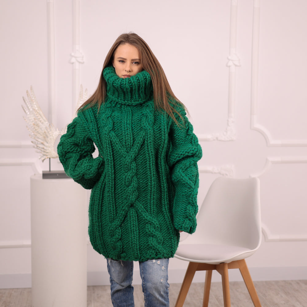 Chunky Green Wool Sweater, Cable Knit Turtleneck, Hand Knitted 5 Strand Pullover T2099