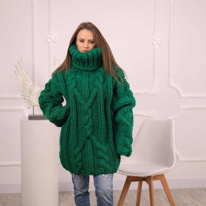 Chunky Green Wool Sweater, Cable Knit Turtleneck, Hand Knitted 5 Strand Pullover T2099