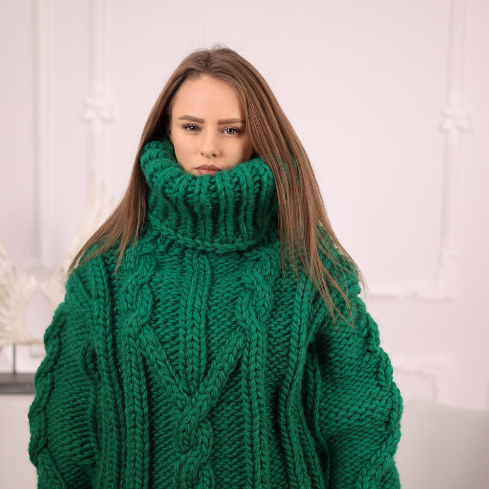 Chunky Green Wool Sweater, Cable Knit Turtleneck, Hand Knitted 5 Strand Pullover T2099