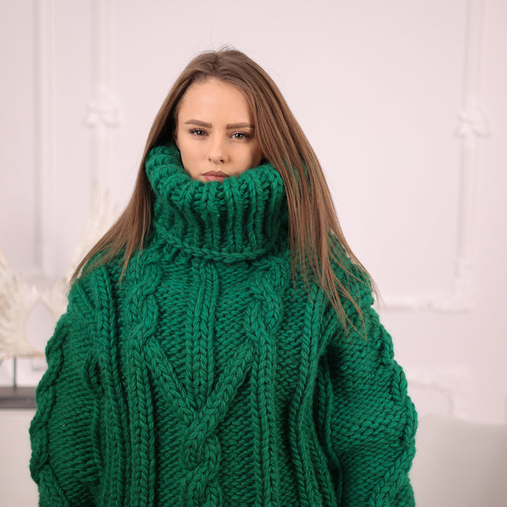 Chunky Green Wool Sweater, Cable Knit Turtleneck, Hand Knitted 5 Strand Pullover T2099