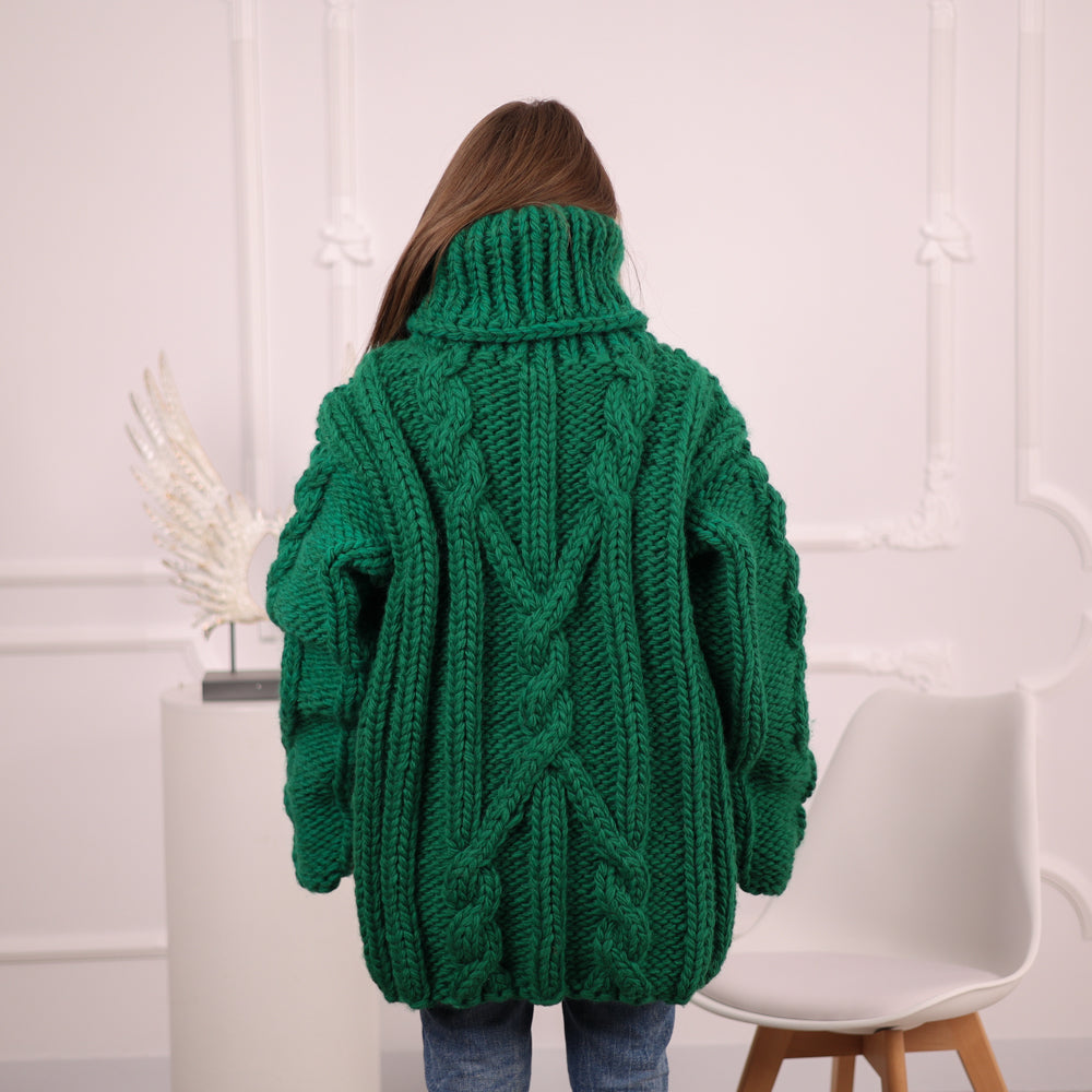 Chunky Green Wool Sweater, Cable Knit Turtleneck, Hand Knitted 5 Strand Pullover T2099