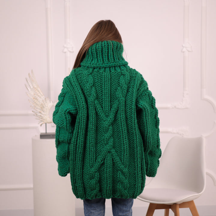 Chunky Green Wool Sweater, Cable Knit Turtleneck, Hand Knitted 5 Strand Pullover T2099